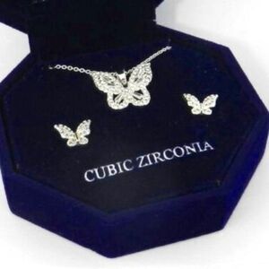 Womens Macy's Fine Silver Plate CZ Rhinestone Butterfly Necklace And Earring Set